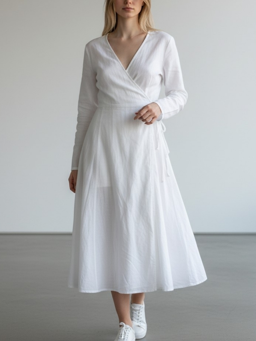 Classic White Wrap Long-Sleeve Midi Dress